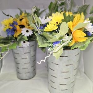 Farmhouse Galvanized Wall Vases with Sunflowers And Lights Set Of 2